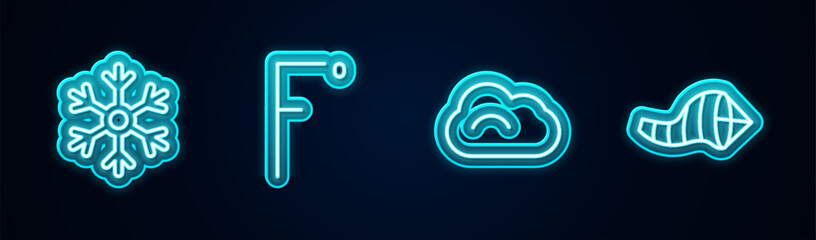 Poster - Set line Snowflake, Fahrenheit, Cloud and Cone meteorology windsock wind vane. Glowing neon icon. Vector
