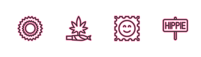 Sticker - Set line Sun, LSD acid mark, Marijuana joint, spliff and Peace icon. Vector