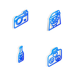 Sticker - Set Isometric line Hippie girl, Photo camera, Beer bottle and Suitcase for travel icon. Vector