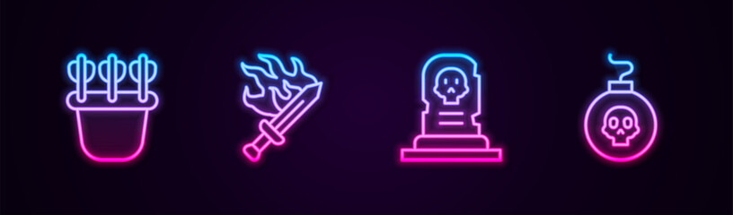 Canvas Print - Set line Quiver with arrows, Sword for game, Grave tombstone and Bomb ready explode. Glowing neon icon. Vector