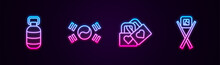 Set Line Korean Lantern, South Flag, Lock With Heart And Sushi Chopsticks. Glowing Neon Icon. Vector