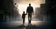 Silhouette of loving father walking side by side, holding hands with his son in the sunset in a smoggy, foggy, street.