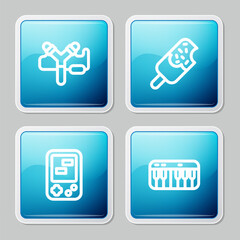 Poster - Set line Slingshot, Ice cream, Tetris electronic game and Music synthesizer icon. Vector