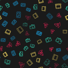 Poster - Set line Tetris electronic game, Photo camera, Laptop and Toy boat on seamless pattern. Vector