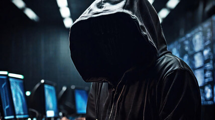 Cyber ​​crime concept, anonymous hacker wearing a hoodie in a basement with many computers for cyber attack