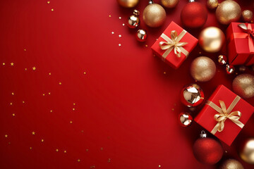 Wall Mural - Festive Christmas or New Year red background with decorations and gift boxes. Top view.