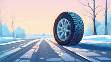 new winter tire in winter landscape
