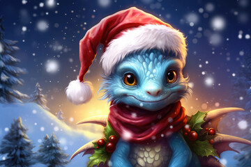 Wall Mural - cute blue baby dragon with santa hat, christmas decorations and scarf in the snow, magical illustration