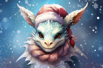 Wall Mural - cute illustration of a magical fantasy dragon with santa hat in the snow, christmas art and copy space