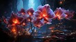 Wonderful fantasy magical bioluminescent orchid flowers. Delicate orchid flowers glow in the dark 3d wallpaper. Magic crystal orchid. Surreal glowing 3D orchids. 3D rendering. Generative AI.