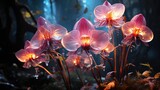 Fototapeta Storczyk - Wonderful fantasy magical bioluminescent orchid flowers. Delicate orchid flowers glow in the dark 3d wallpaper. Magic crystal orchid. Surreal glowing 3D orchids. 3D rendering. Generative AI.