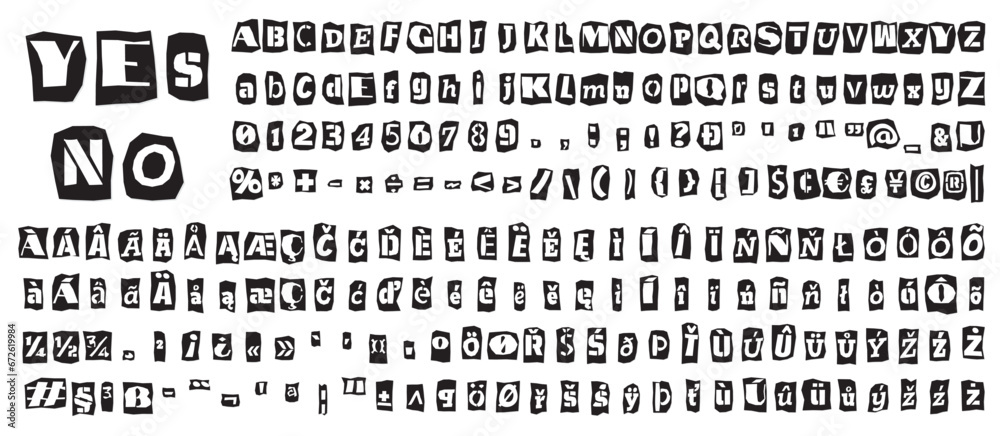Ransom halftone collage style letters numbers and punctuation marks cut ...