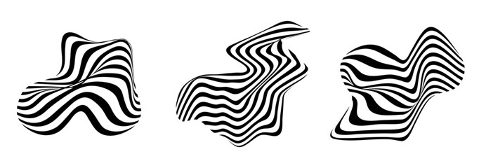 Poster - Abstract striped optical illusion. White and black isolated wavy stripes. Brutalism trendy aesthetics design. Vector flat illustration on white background.