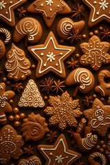 Wall Mural - Abstract background with Christmas gingerbread pieces and cookies on brown background. Vertical composition.