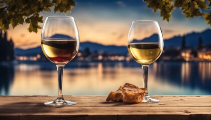  Captures a relaxing moment of enjoying wine and cheese on a wooden table with a scenic view of a lake and mountains.