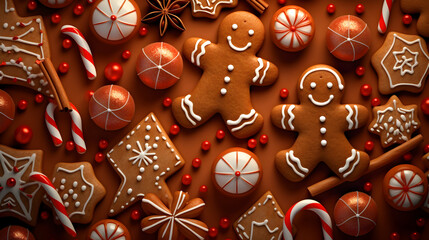 Wall Mural - Abstract background with Christmas gingerbread pieces and cookies on brown background. Horizontal composition.