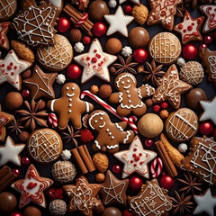 Wall Mural - Abstract background with Christmas gingerbread pieces and cookies on brown background. Square composition.
