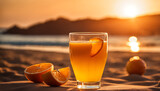  A full glass of orange juice surrounded by slices sits upon a sandy beach, basking in the warm glow of sunset in an inviting and refreshing coastal scene