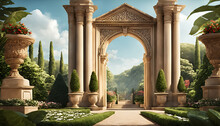 A Grand Stone Gate Stands Within A Lush Garden, Its Arched Entrance Intricately Carved And Flanked By Tall Pillars Under A Sunny Sky