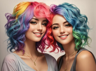 Wall Mural - Portrait of two girls with colorful hair.