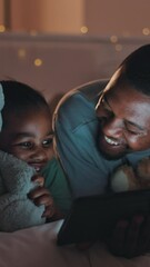 Poster - Bedroom, night and girl with father, tablet and funny with connection, home and relax with comedy. Black family, parent and dad with daughter, child and kid with technology, teddy bear and laughing