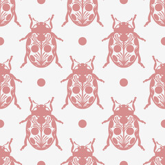 Poster - Ladybug hand drawn beetle pattern seamless repeating backgorund, folk inspired vintage pattern with insect illustrations for wallpaper or fabric print design.
