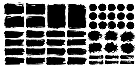 Black ink grunge paint brush stroke set. Watercolor texture, dirty overlay and vector decoration ornament. Grungy paint brush stroke or torn paper silhouette for social media business banner template.