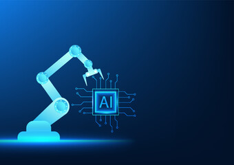 Poster - Industry 4.0 business technology, mechanical arm holding ai microchip plan. It refers to the modern manufacturing industry that is fully automated and uses artificial intelligence to help.