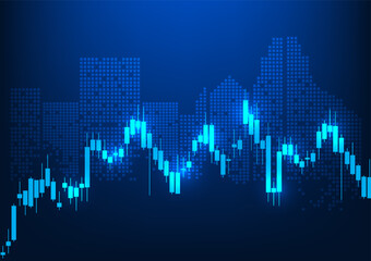 Poster - Stock chart is a technology created to display financial market prices for investors to analyze buy or sell. Candlestick chart with a building on the back. It represents how to grow your business.