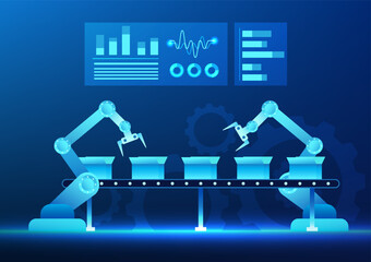 Industry 4.0 business technology, the mechanical manufacturing industry is working The top shows system information. It represents modern industry that is fully automated and increases efficiency.