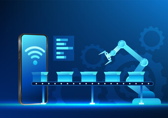 Poster - Industry 4.0 business technology, mechanical manufacturing industry is working and smartphone with box flowing out Referring to modern industry that is fully automated. Check status via mobile phone.