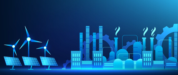 Poster - Industry 4.0 business technology Factory on the side has windmill and solar cells It refers to the manufacturing industry that uses clean energy and is fully automated. Artificial intelligence is used