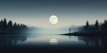 Moonlight Over Lake Anime Style Calm Tranquil Waters Misty Night Scene Panoramic, Generated Ai