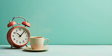 Vintage Alarm Clock And Cup Of Coffee On The Uniform Pastel Backdrop With A Copy Space. Generative AI