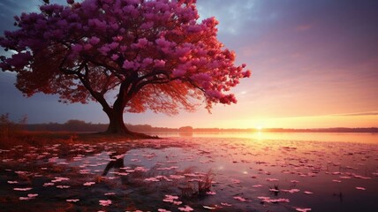  pink tree at sunset on the lake