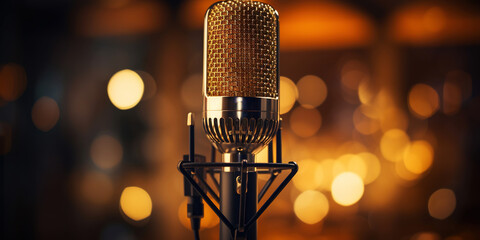 Wall Mural - Closeup of professional microphone with dark bokeh light backdrop. Karaoke or concert concept. Generative AI