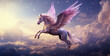horse in the sky, violet unicorn sparkly horn flying magical
