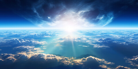 Wall Mural - panoramic view on planet earth globe from space with rising sun. glowing city lights, light clouds. 