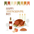Happy Thanksgiving Day Greeting Postcard background. November 23 Cartoon Vector Illustration. Thanks giving celebration for Poster, Banner, Flyer, Invitation Card, Cover. Turkey, Wine, Pumpkin Pie.