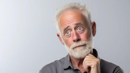 Wall Mural - Portrait of a white old male with thinking out loud expression against white background, AI generated, background image