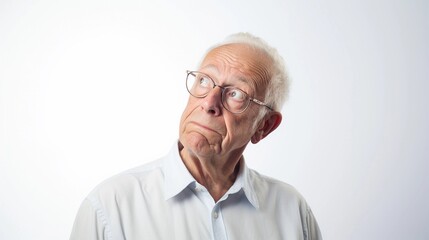 Wall Mural - Portrait of a white old male with thinking out loud expression against white background, AI generated, background image