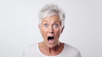 Wall Mural - Portrait of an old white female with Shocked expression against white background, AI generated, background image