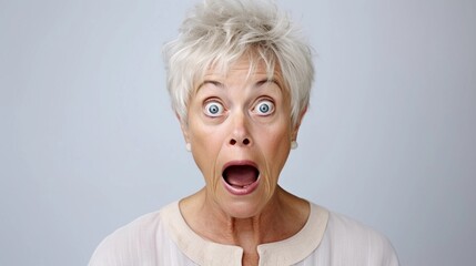 Wall Mural - Portrait of an old white female with Shocked expression against white background, AI generated, background image