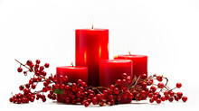 Christmas Burning Red Candles Decorated With Red Berries, On Transparent Png. Ai Generative.