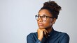 Portrait of a black female wearing glasses with thinking out loud expression against white background, AI generated, background image