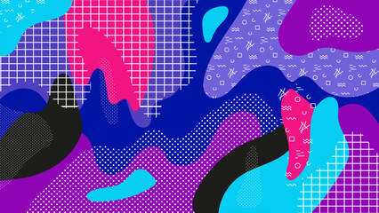 Poster - Bright blue and purple abstract freehand art composition with different organic shapes, patterns and textures. Collage. Vector background.