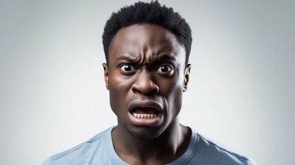 Wall Mural - Portrait of a black male with frustrated expression against white background, AI generated, background image