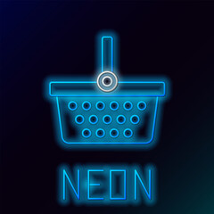 Poster - Glowing neon line Shopping basket icon isolated on black background. Online buying concept. Delivery service sign. Shopping cart symbol. Colorful outline concept. Vector