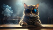Stylish cat setting on the table with sunglasses