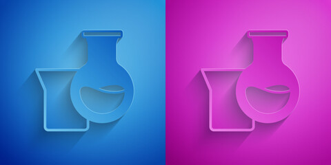 Poster - Paper cut Oil petrol test tube icon isolated on blue and purple background. Paper art style. Vector